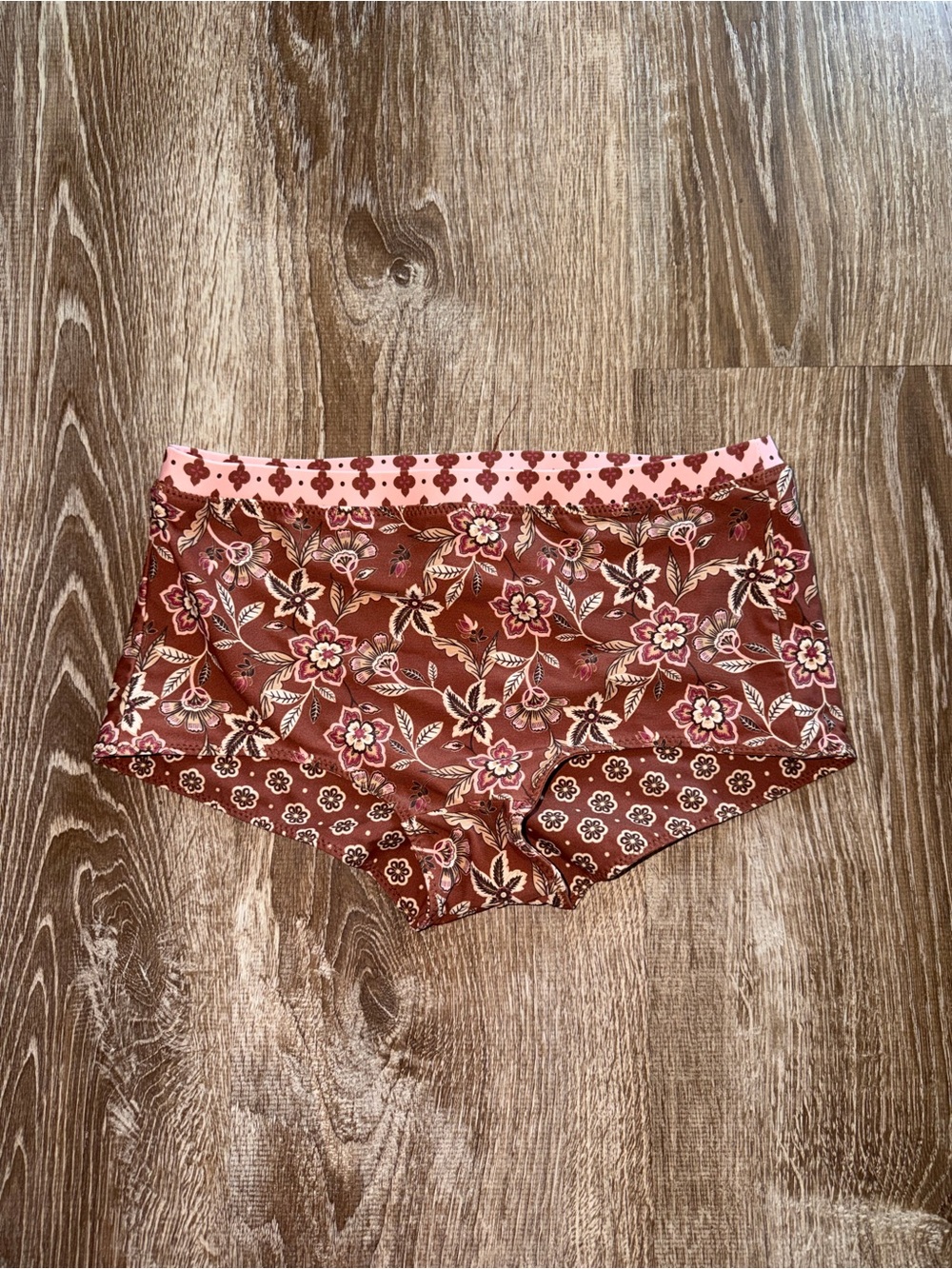Y2K Floral Swim Boyshort Panty in Rust and Pink